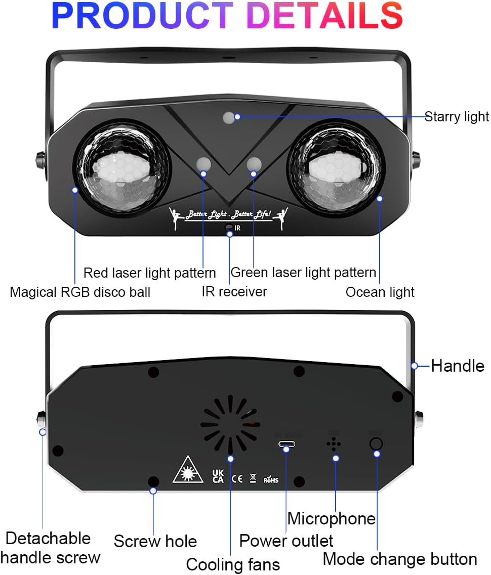 Disco Ball Party Lights With Sound Activated Lights Star Projection Ocean Light and Light Pattern Perfect for DJ, KTV, Club, Dance, Decor, Christmas, Birthday Festival Gifts