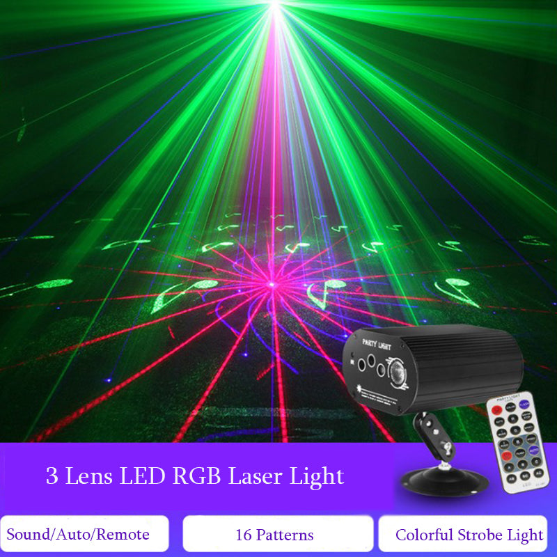 RGB 3 Lens 16 Patterns Remote Control Disco Party Christmas Led Laser Lights