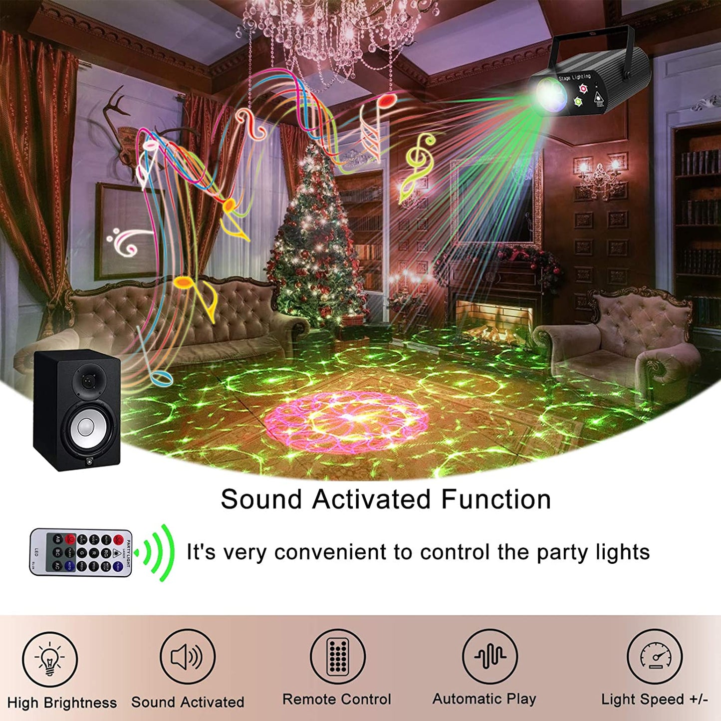 Voice Control Christmas Lights LED Snowflake Laser Pattern Lights Stage Lighting