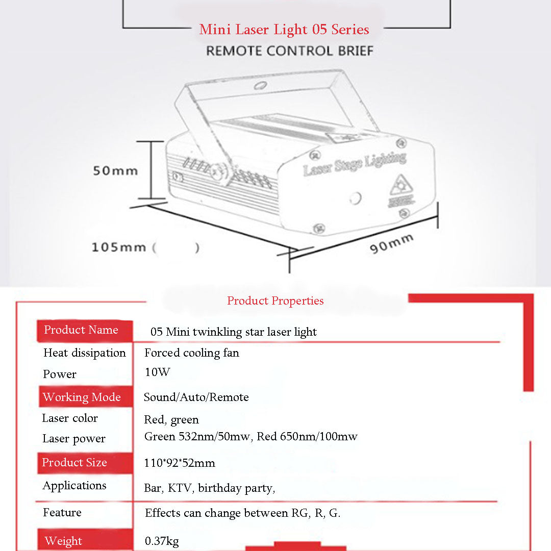 Red Green Mini Laser Projector Stage Light Remote Control Disco Party Strobe Flash Laser Light